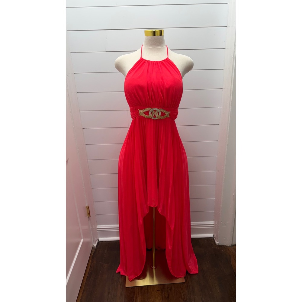NWT Cache Coral Halter High Low Prom Sz 8 Rhinestone Chiffon Homecoming  Dress